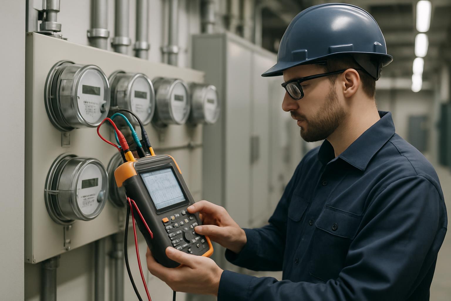 Técnico realizando análise energética com tablet em indústria
