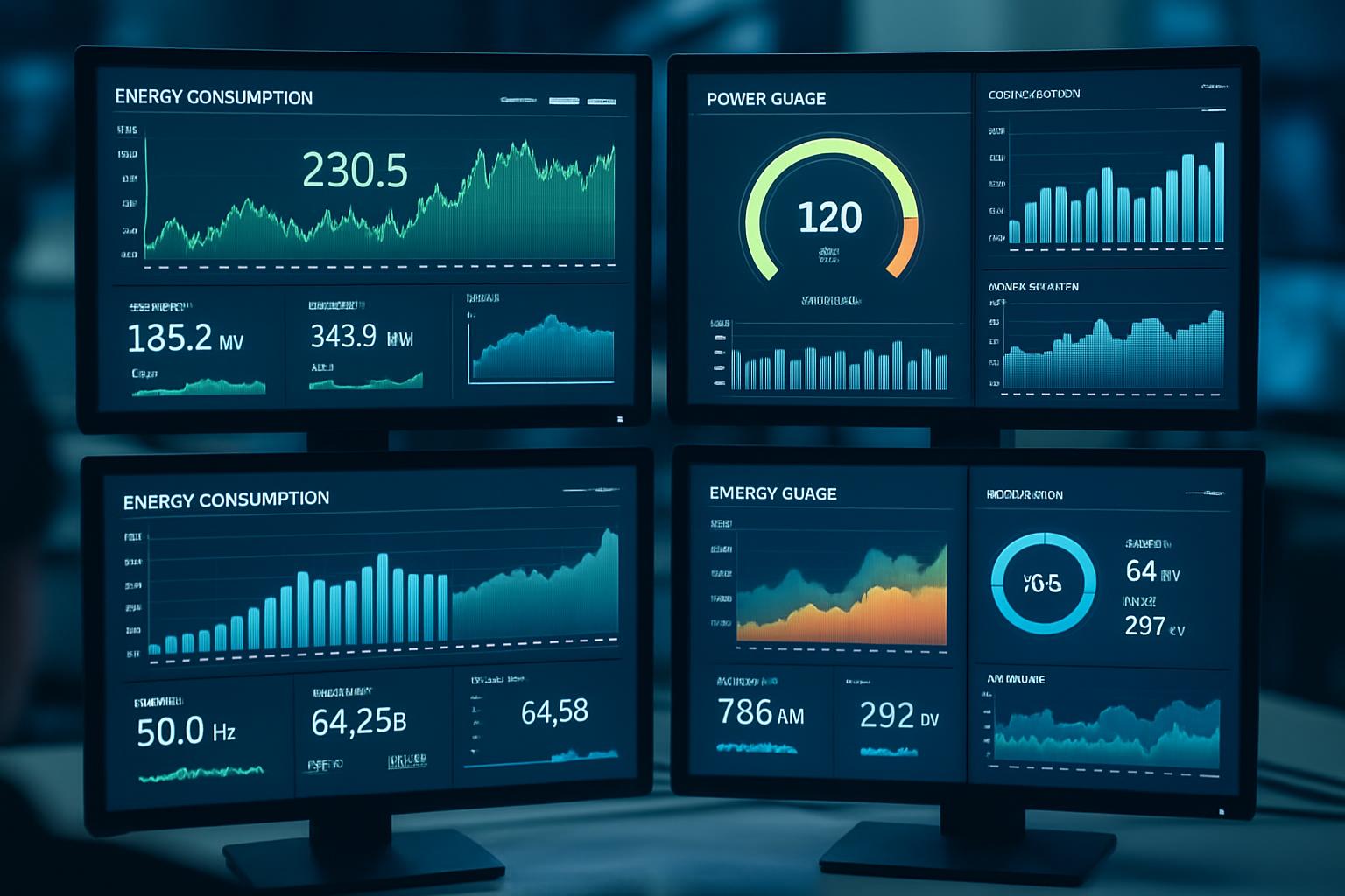 Dashboard com gráficos de performance energética em monitor